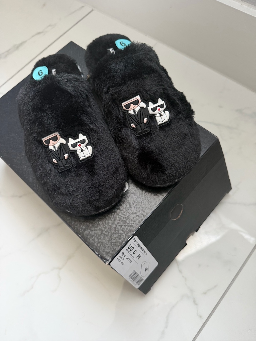 Black Fuzzy Slip-On Slippers with Character Patch